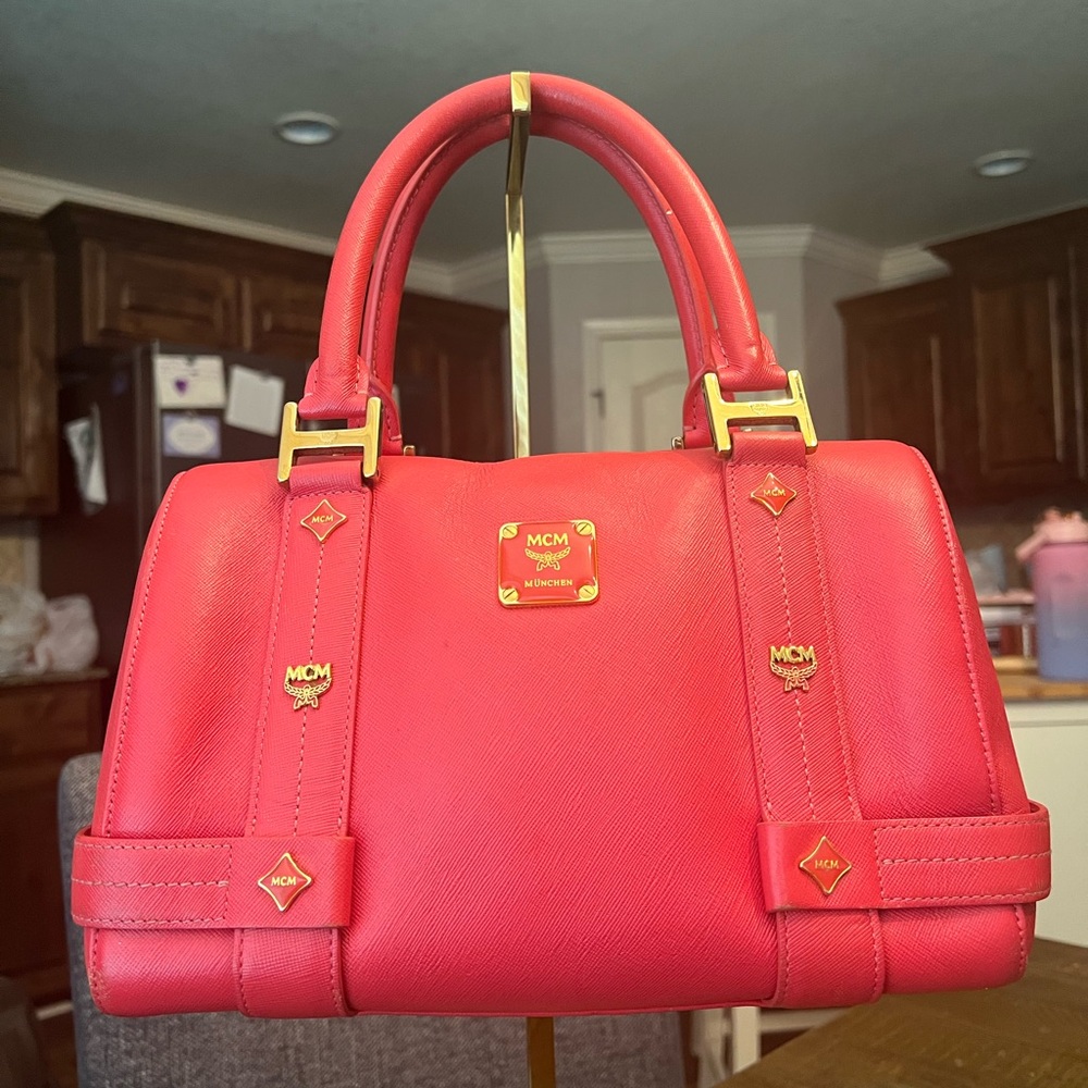MCM Red Leather Satchel with Gold Accents